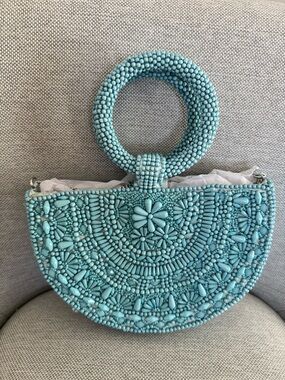 Made in India Beaded Half-Moon Handbag in Turquoise